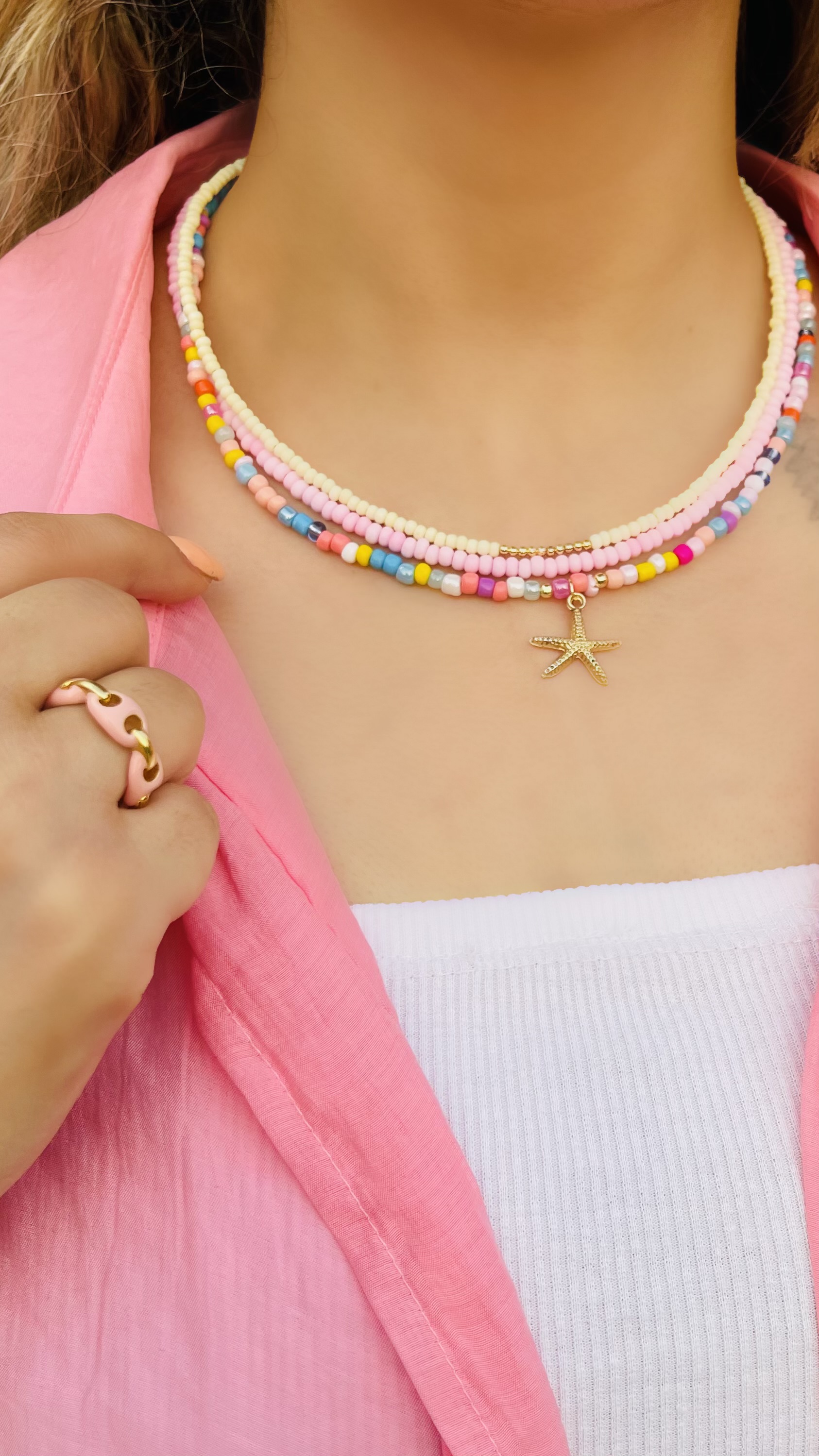 گردنبند زنانه مهره ای سه رج آویز ستاره