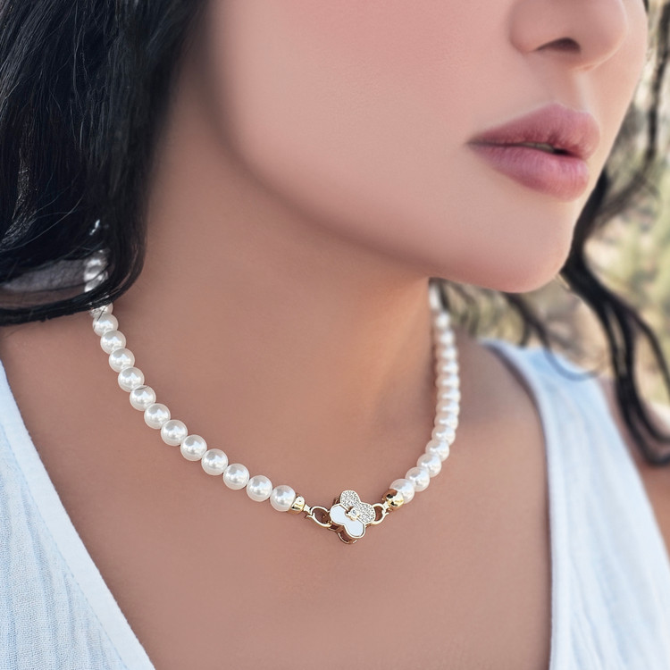 گردنبند زنانه مروارید و قفل گل ونکلیف