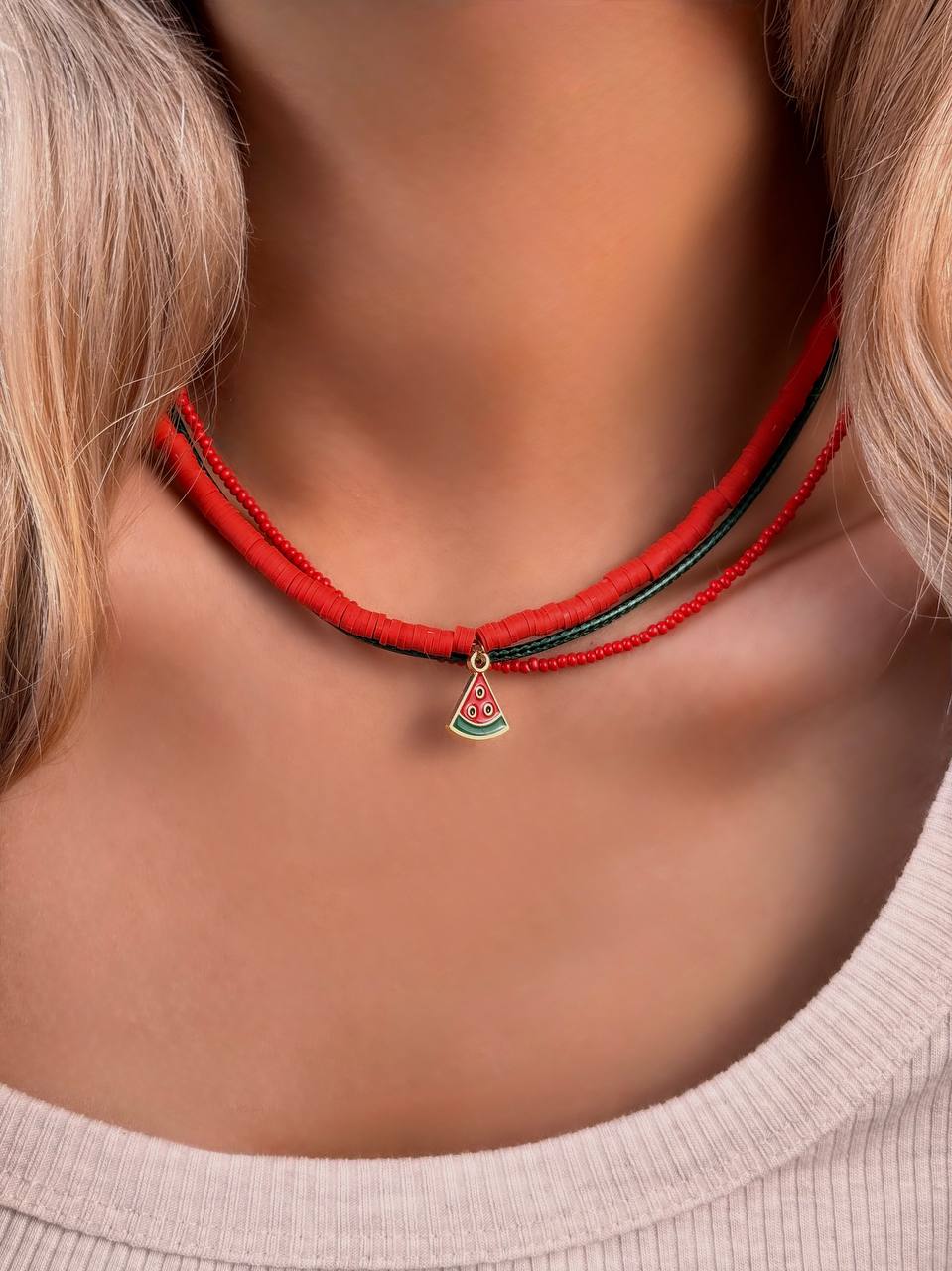 گردنبند دخترانه یلدایی قرمز و سبز با آویز هندوانه
